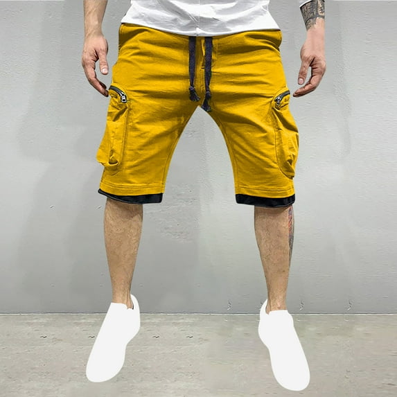 VgaVtl Cargo Men Shorts Sports Mens Shorts Big and Tall Pockets Plain Relaxed Fit Casual Straight Leg Shorts,Yellow XL