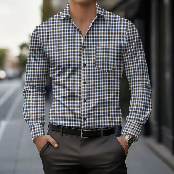 VgaVtl Checkered Long Sleeve Mens Shirts Dress Shirts Collared Clothes for Men Shirts Brown Loose Dressy Business Button up Shirts