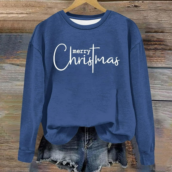 VgaVtl Christmas Sweatshirt Women Blue Sweatshirts for Women Trendy Long Sleeve Crew Neck Comfy Holiday Pullover Sweatshirt