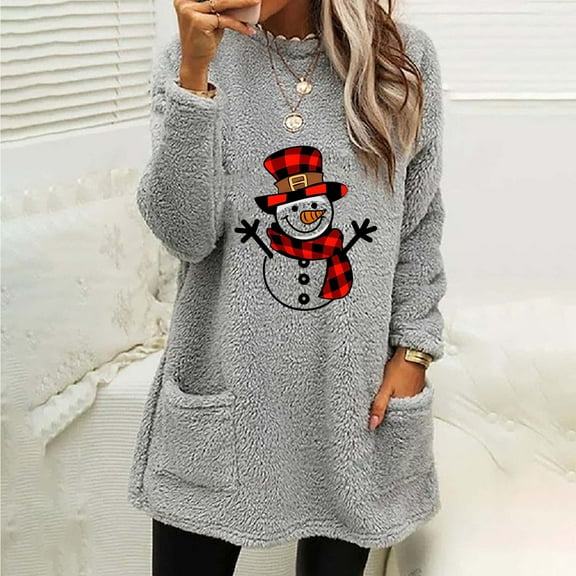 VgaVtl Christmas Sweatshirt Women Long Sleeve Fall Winter Ladies Sweatshirts Pockets Loose Thick Christmas Print Sweatshirt,Gray S