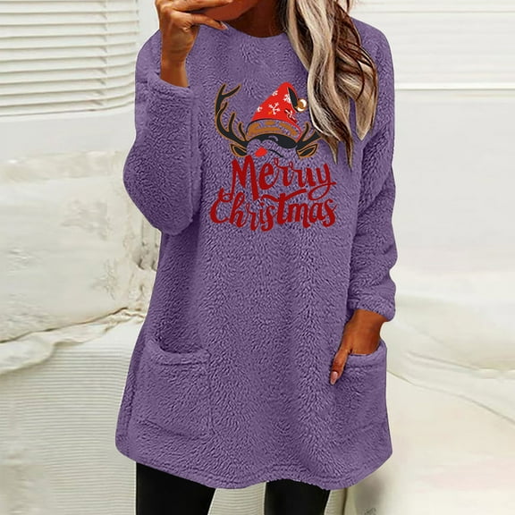 VgaVtl Christmas Sweatshirt for Women Casual Fleece Oversized Sweatshirts for Women Long Sleeve Pockets Sweatshirt,Purple XXL