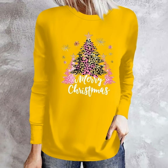 VgaVtl Christmas T Shirts for Women Cotton Long Sleeve Tops for Women Christmas Graphic Workout Leisure Vacation Tops,Yellow XXL