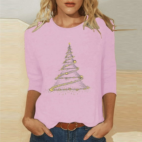 VgaVtl Christmas Tshirt Women's Plus 3/4 Sleeve Graphic Pink Ladies Tops Dressy Regular Comfortable Classic Lightweight Tops
