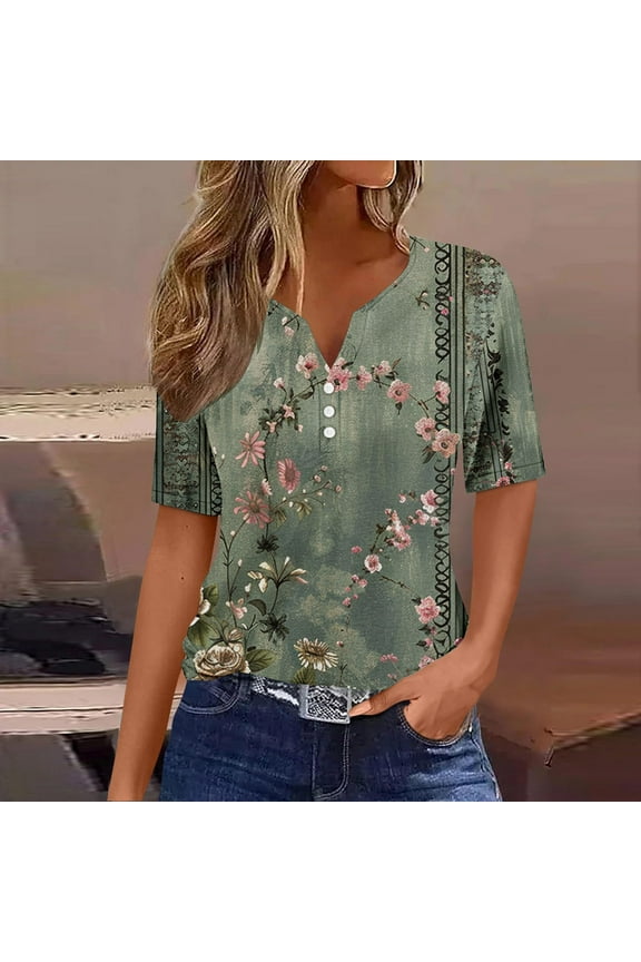 Clearence Under 5$ Clothing Woman V-neck Blue Short Sleeve T-Shirt Casual Loose Floral Tops
