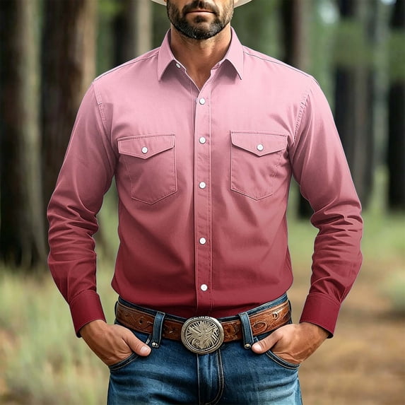 VgaVtl Collared Long Sleeve Shirts for Men Fall Winter Slim Gradient Color Business Casual Soft Mens Clothes Button