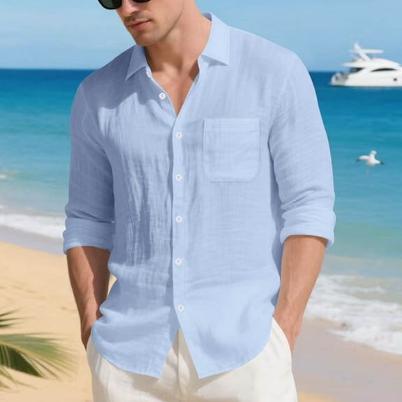 VgaVtl Collared Mens Long Sleeve Shirts Big and Tall Mens Clothes Blue Solid Color Button up Leisure Loose Lapel Shirts,S