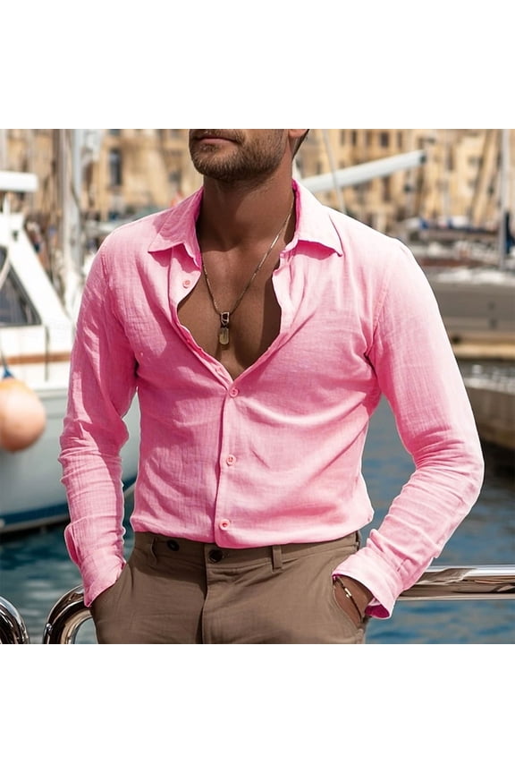 Collared Mens Plus Size Shirts Muscle Long Sleeve Tops for Men Loose Pink Solid Color Leisure Button down Vintage Shirts,M