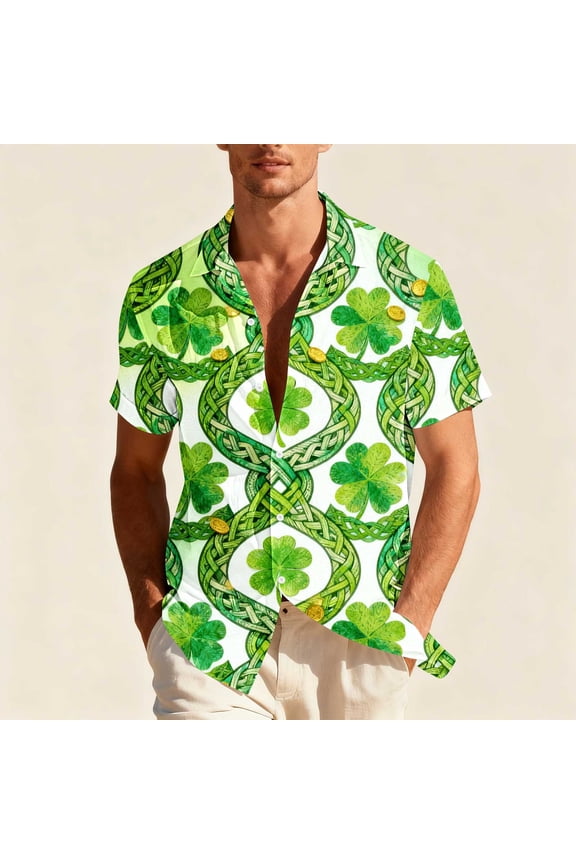 Collared Mens Shirts St Patty Day Short Sleeve Mens Tops Green Graphic Casual Regular Vacation Funny Shirts