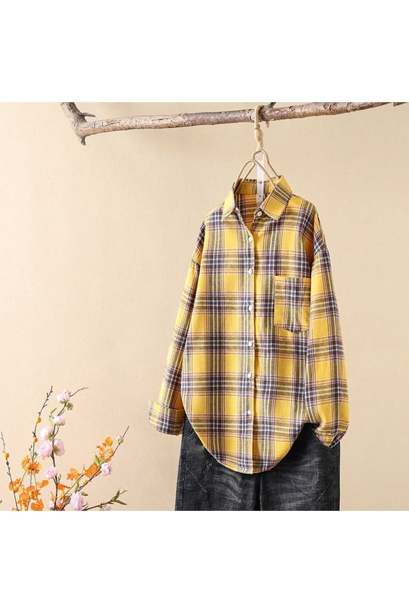 Collared Plus Size Shirts for Women Plaid Long Sleeve Women's Tops Flannel Button Down Casual Yellow Loose Shirts,XL