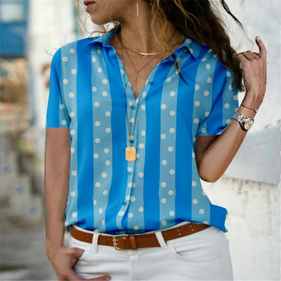 VgaVtl Collared Plus Size Shirts for Women Short Sleeve Polka Dots Tops for Women Striped Camping Relaxed Fit Button Tops,Blue S