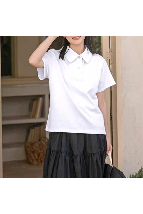 Collared Shirts for Women 2025 Polo Cotton Short Sleeve Womens Blouse Button Solid Casual Loose Everyday Tops,White M