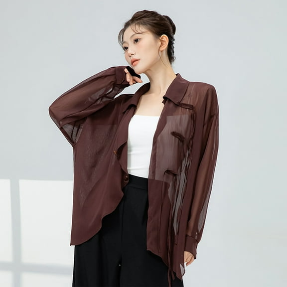 VgaVtl Collared Women Shirts Mesh Long Sleeve Ladies Plus Size Tops Loose Solid Open Front Brown Leisure Shirts,M