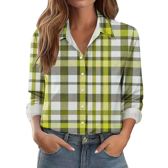 VgaVtl Collared Womens Shirt Plaid Long Sleeve Plus Size Tops for Women Regular Casual Button Down Office Shirts,XXL