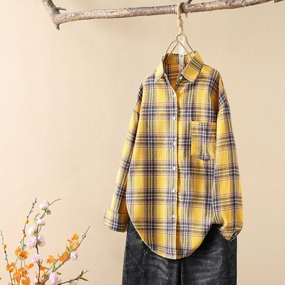 VgaVtl Collared Womens Shirts Plaid Long Sleeve Womans Tops Yellow Button Down Flannel Loose Casual Shirts,L