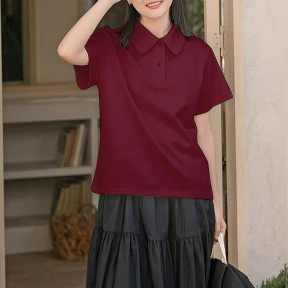 VgaVtl Collared Womens Shirts Plus Size Short Sleeve Polo Cotton Womens Tops Everyday Loose Button Solid Casual Tops,Red M