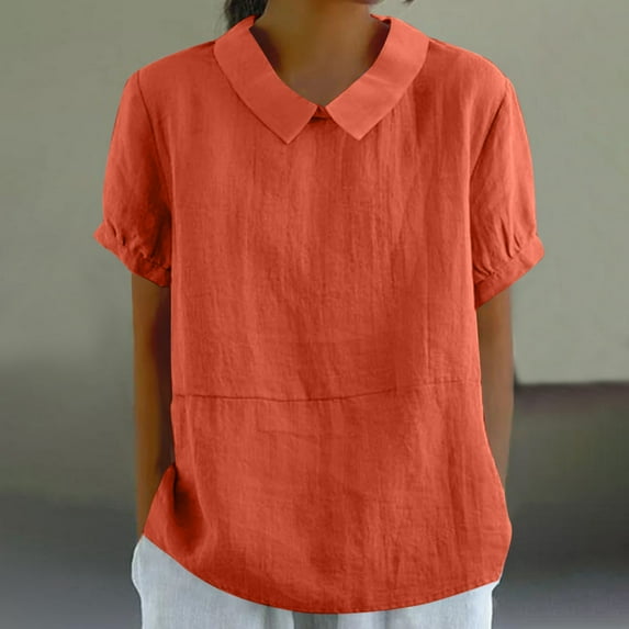 VgaVtl Cotton Linen Blouses for Women 2025 Short Sleeve Plus Size Tops Women Everyday Minimalist Solid Color Cute Tops,Orange XL