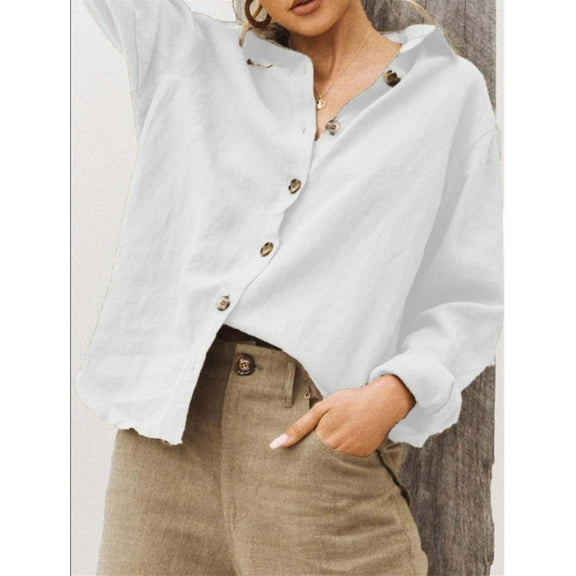 VgaVtl Cotton Linen Plus Size Blouses for Women Long Sleeve Ladies Tops Button Down Loose Turn-Down Collar White Comfy Tops,S