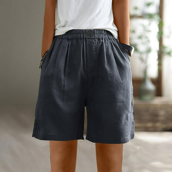VgaVtl Cotton Linen Women Shorts Plus Bermuda High Waist Short Pants Women Plain Pockets Loose Elastic Waist Shorts,Black 2XL