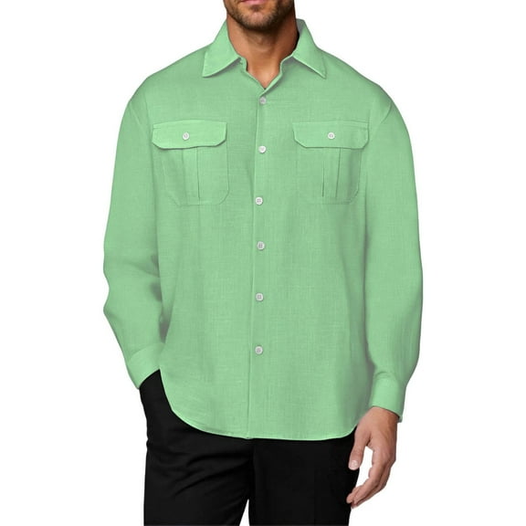 VgaVtl Cotton Long Sleeve Shirt Men Turn Down Collar Dress Shirts Mens Shirts Loose Work Button Green Solid Color Business Shirts