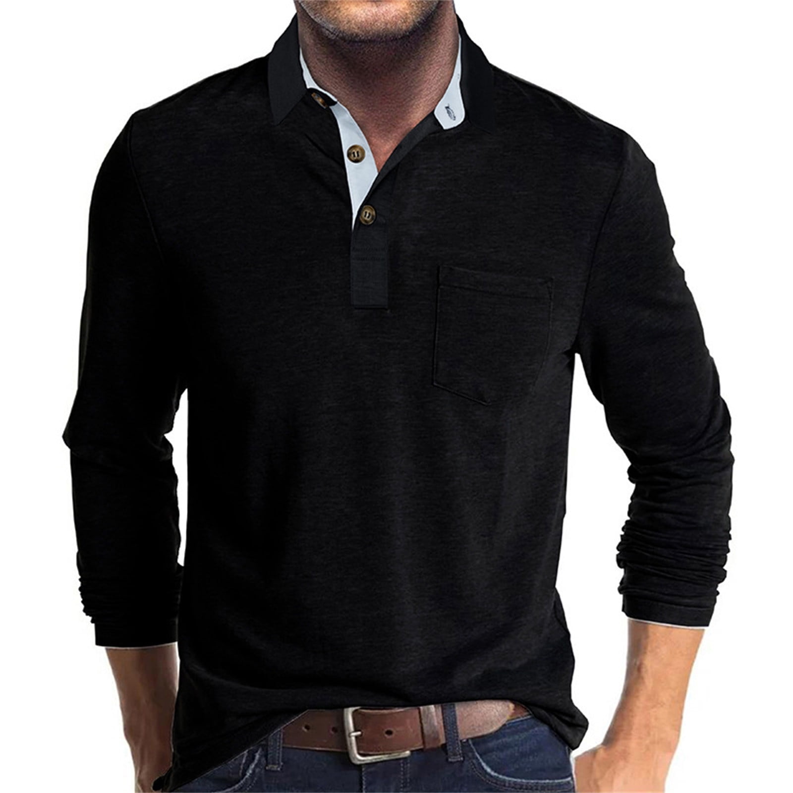 Men's new long-sleeved V-neck lapel contrasting color POLO shirt main image 0