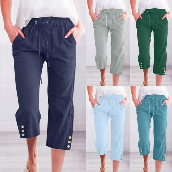 VgaVtl Cotton Plus Size Capris Cropped Wide-Leg Blue Pants Women Casual Pocket Elastic Loose Solid Pants 3XL