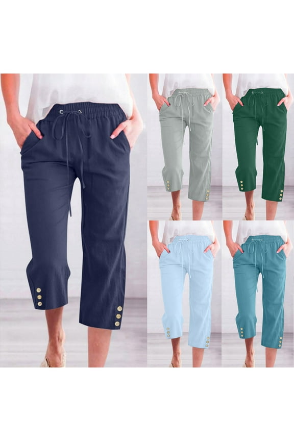 Cotton Plus Size Capris Cropped Wide-Leg Blue Pants Women Casual Pocket Elastic Loose Solid Pants 3XL