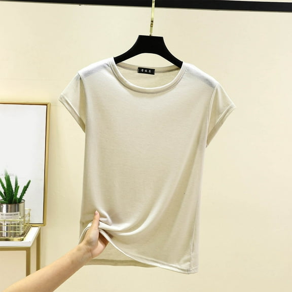 VgaVtl Cotton T Shirts Women Short Sleeve Plus Size Womens Shirts Thin Relaxed Fit Basic Vacation Single Casual Tops,Beige XXL
