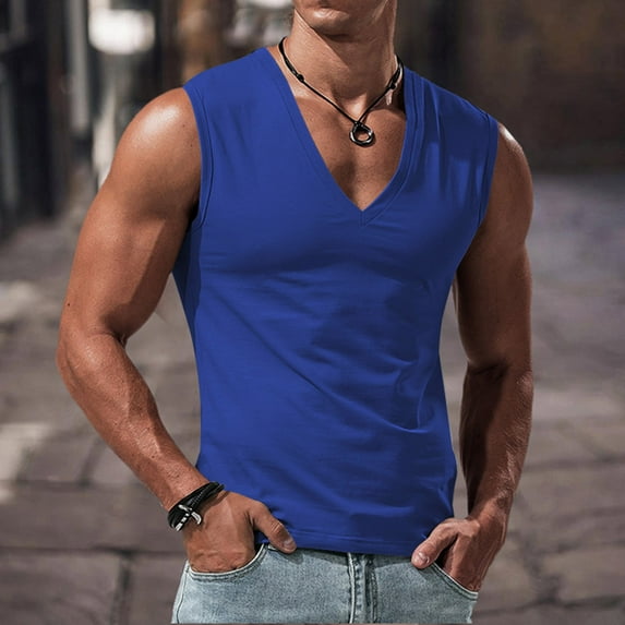 VgaVtl Cotton Tank Tops for Men Plus Size V-Neck Sleeveless Men Undershirts Plus Size Plain Fitness Basic Casual Shirts,Blue XXL