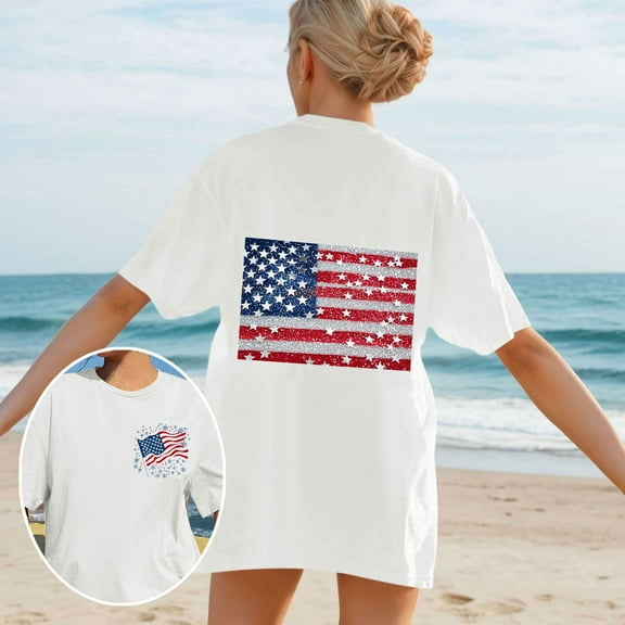 VgaVtl Cotton Tee Shirts for Women Plus Size Short Sleeve Fourth of July Womens Top American Flag Patriotic Tops,White XXL