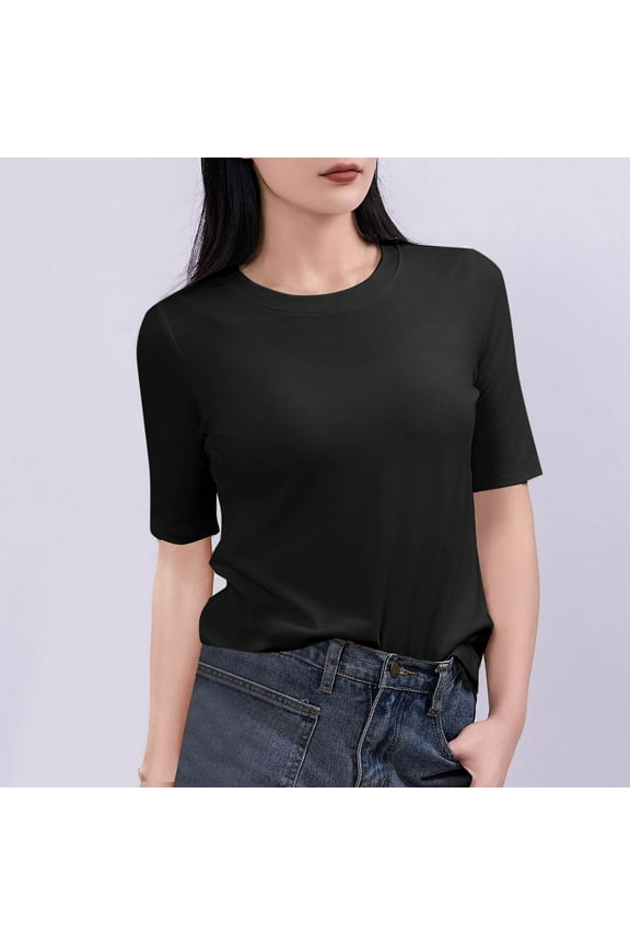 Cotton Women T Shirt Elbow-Length Juniors Shirts Daytime Slim Stretch Bottoming Single Leisure Shirts,Black XL