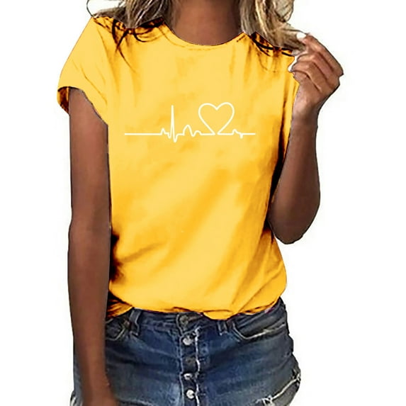 VgaVtl Crew Neck Plus Size Shirts for Women Short Sleeve Yellow T-Shirt Loose Print Casual Tops