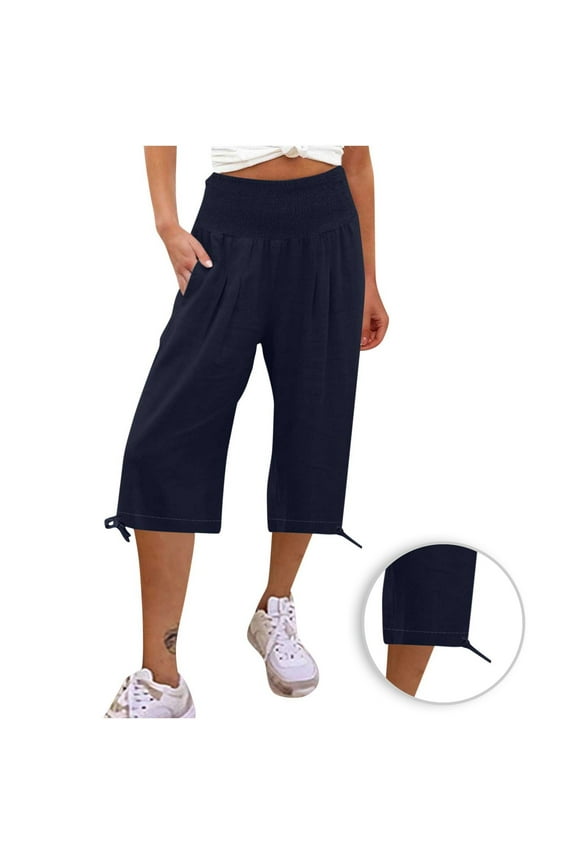 Cropped Capris for Women Plus Size Blue High Waist Cotton Wide-Leg Pants Plus Women Loose Casual Straight Pants XXL