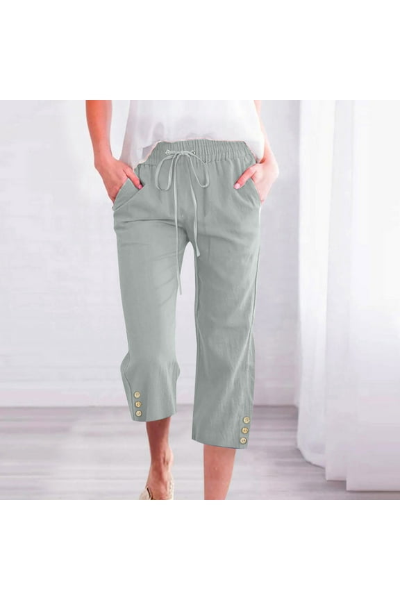 Cropped Womens Capris Cotton Green Wide-Leg Plus Size Pants for Women Solid Casual Elastic Loose Pants L