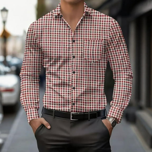 VgaVtl Dress Shirts Men's Long Sleeve Shirts Turn Down Collar Checkered Shirts for Men Business Loose Red Button up Dressy Shirts