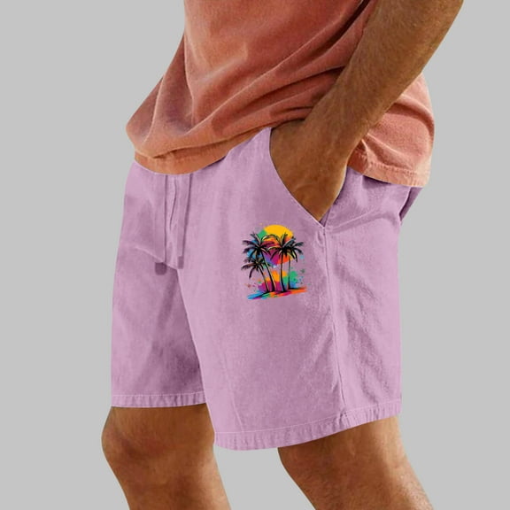VgaVtl Elastic Waist Shorts for Men Shorts for Men Big and Tall Straight Leg Loose Graphic Casual Vacation Shorts,Purple M