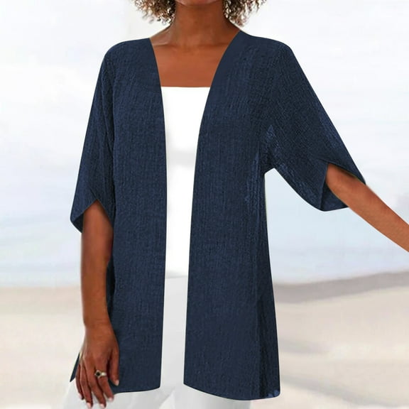 VgaVtl Elbow-Length Cardigan Sweaters for Women Plus Blue Cotton Open Front Lightweight Cardigans for Women Solid Cardigans