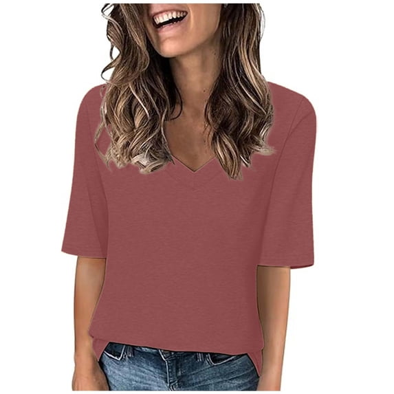 VgaVtl Elbow-Length Ladies Summer Tops Red T-Shirts Womens Solid V-Neck Loose Casual Tops
