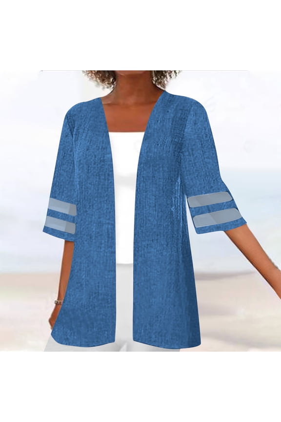Elbow-Length Light Weight Cardigan Women Summer Mesh Cotton Open Front Blue Women's Cardigans Cover up Solid Cardigans