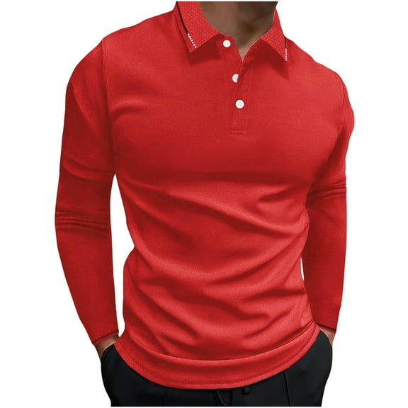 VgaVtl Fall Polo Shirts for Men Under $10 Long Sleeve Casual T Shirts for Men Red Loose Lapel Plain Button up Shirts
