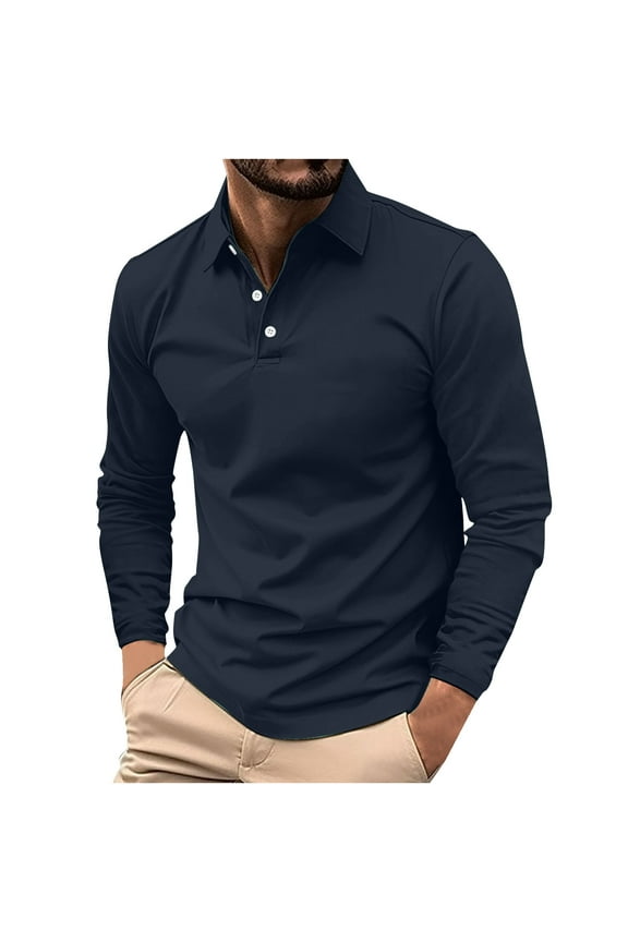 Fall Polo Shirts for Men Under $10 Long Sleeve Mens Tops Collared Button Blue Relaxed Fit Solid Shirts