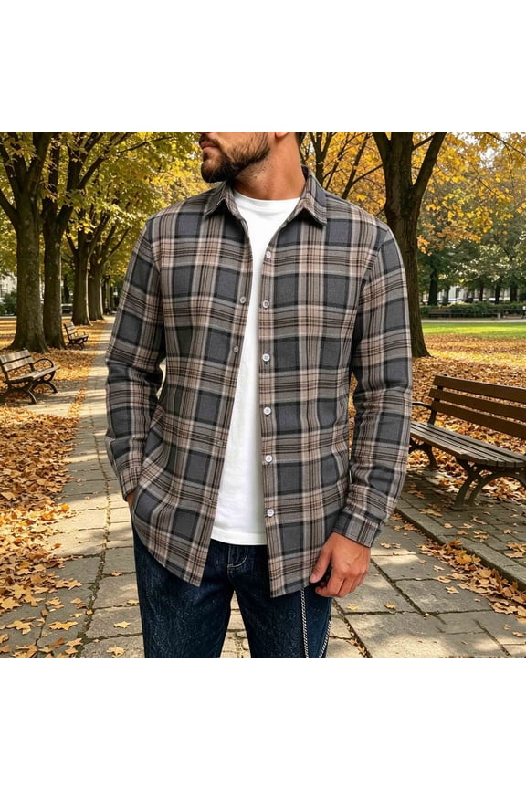 Fall Winter Long Shirts for Men Collared Flannel Button down Leisure Holiday Mens Clothes Shirts Checkered