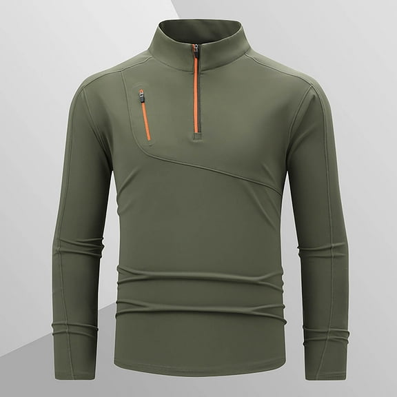 VgaVtl Fall Winter Mens Long Sleeve Tshirt Turtleneck Shirts for Men Plus Size Green Half Zipper Running Slim Soft Shirts,L