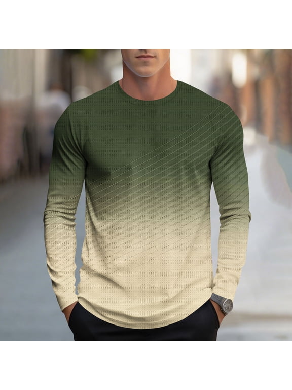 Fall Winter Mens Shirts Long Sleeve Crewneck Sports Gradient Color Casual Pullover Workout T-Shirt for Men
