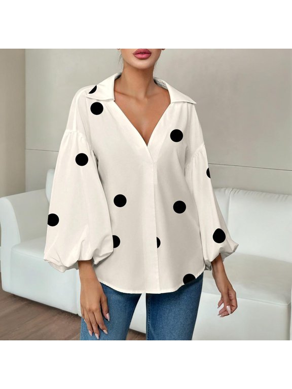 Fall Winter Women Shirts Long Sleeve Collared Tops Women Camping Casual White Loose Puff Sleeve Polka Dots Shirts,S