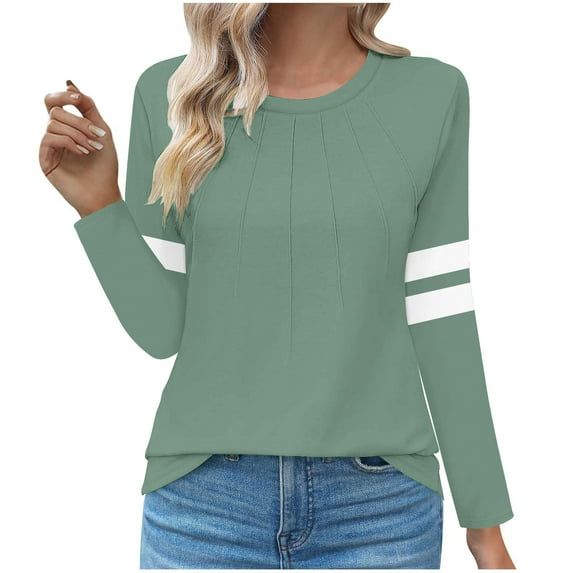 VgaVtl Fall Winter Womens Plus Size Tee Shirts Long Sleeve Ladies Tops Leisure Pleated Loose Green Color Block Sports Shirts,L