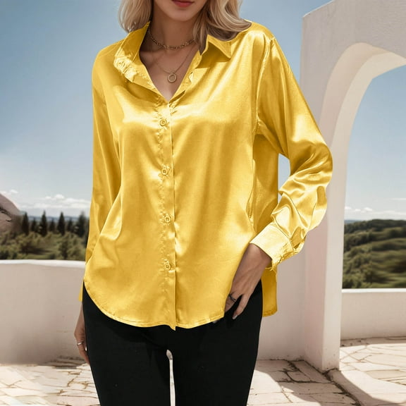 VgaVtl Fall Winter Womens Shirts Long Sleeve Collared Plus Size Tops for Women Button Down Holiday Yellow Casual Shirts,S