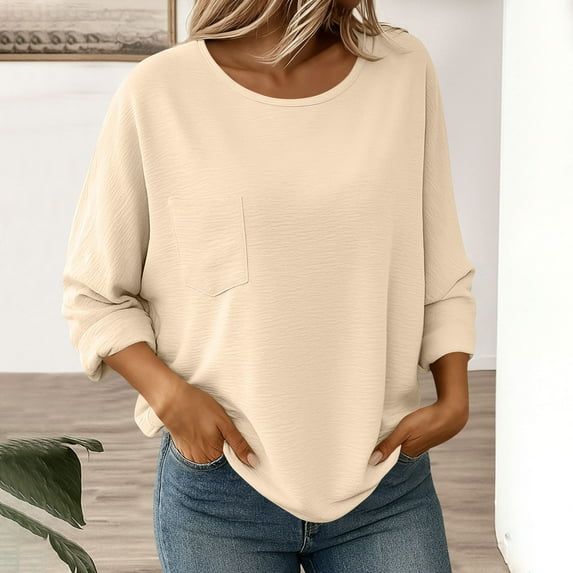 VgaVtl Fall Winter Womens T Shirt Long Sleeve Women's Tops Workout Solid Color Pocket Casual Loose Beige Shirts,M