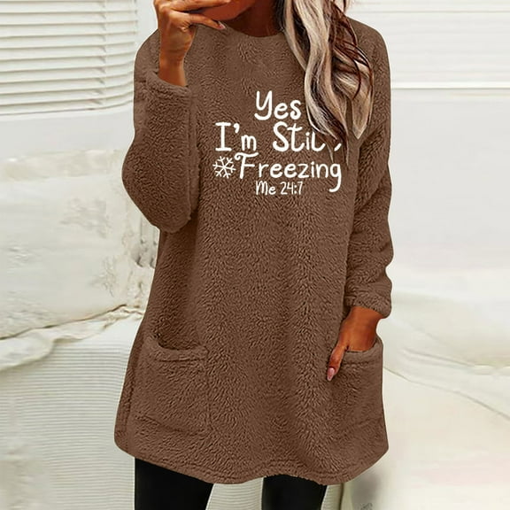 VgaVtl Fleece Christmas Sweatshirt for Women Casual Womens Sweatshirts No Hood Long Sleeve Graphic Pockets Sweatshirt,Brown M