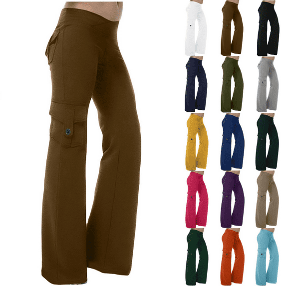 VgaVtl Full Length Womens Pants Under $20 High Waist Wide-Leg Brown Fall Cargo Pants Yoga Solid Slim Pants
