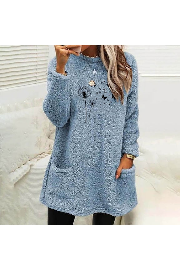 Fuzzy Womens Shirts Long Sleeve Thick Tops for Women Plus Size Graphic Loose Casual Blue Shirts,L